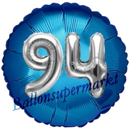 Runder Luftballon Jumbo Zahl 94, blau-silber mit 3D-Effekt zum 94. Geburtstag
