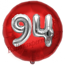 Runder Luftballon Jumbo Zahl 94, rot-silber mit 3D-Effekt zum 94. Geburtstag
