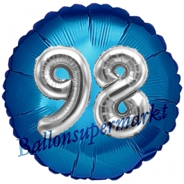 Runder Luftballon Jumbo Zahl 98, blau-silber mit 3D-Effekt zum 98. Geburtstag