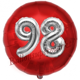 Runder Luftballon Jumbo Zahl 98, rot-silber mit 3D-Effekt zum 98. Geburtstag