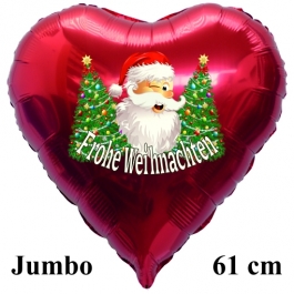 Jumbo Folienballon Weihnachtsmann mit Weihnachtbäumen, Frohe Weihnachten, 61 cm Herz, ohne Helium/Ballongas