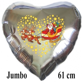 Jumbo Herzluftballon aus Folie, silber, Weihnachtsmann mit Schlitten und Rentieren mit Helium