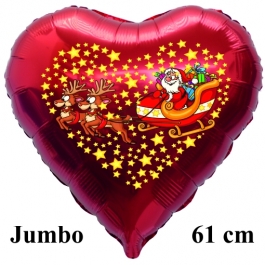Jumbo Herzluftballon aus Folie, Weihnachtsmann mit Schlitten und Rentieren mit Helium