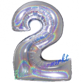 Zahlendekoration Zahl 2, holografisch, Silber, Folienballon Dekozahl ohne Helium
