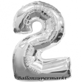 Zahl 2, Silber, Luftballon aus Folie, 100 cm