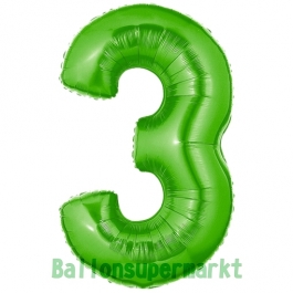 Zahl 3, Grün, Luftballon aus Folie, 100 cm
