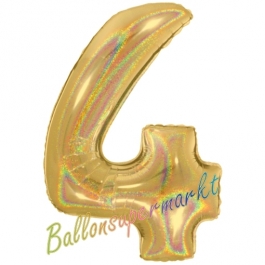 Zahl 4, holografisch, Gold, Luftballon aus Folie, 100 cm