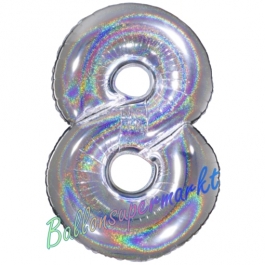 Zahl 8, holografisch, Silber, Luftballon aus Folie, 100 cm