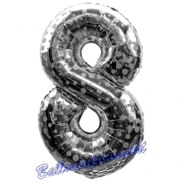 Zahlendekoration Zahl 8, Silber mit Punkten, Acht, Großer Luftballon aus Folie, 86 cm hoch, Folienballon Dekozahl