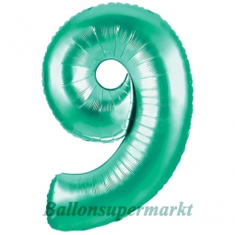 Zahl 9, Aquamarin, Luftballon aus Folie, 100 cm