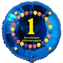 Luftballon aus Folie zum 1. Geburtstag, Herzlichen Glückwunsch Ballons 1, blau, ohne Ballongas