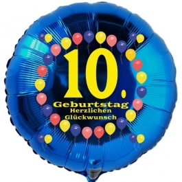 Luftballon aus Folie zum 10. Geburtstag, Herzlichen Glückwunsch Ballons 10, blau, ohne Ballongas