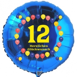 Luftballon aus Folie zum 12. Geburtstag, Herzlichen Glückwunsch Ballons 12, blau, ohne Ballongas