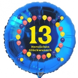 Luftballon aus Folie zum 13. Geburtstag, Herzlichen Glückwunsch Ballons 13, blau, ohne Ballongas