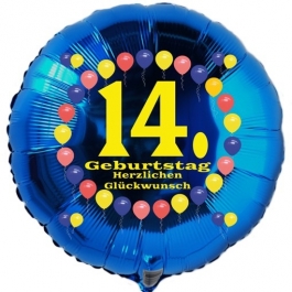 Luftballon aus Folie zum 14. Geburtstag, Herzlichen Glückwunsch Ballons 14, blau, ohne Ballongas