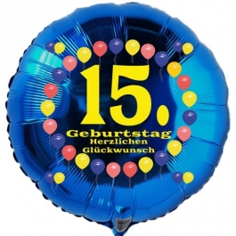 Luftballon aus Folie zum 15. Geburtstag, Herzlichen Glückwunsch Ballons 15, blau, ohne Ballongas