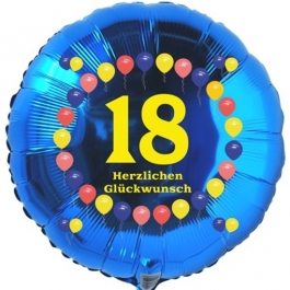 Luftballon aus Folie zum 18. Geburtstag, Herzlichen Glückwunsch Ballons 18, blau, ohne Ballongas