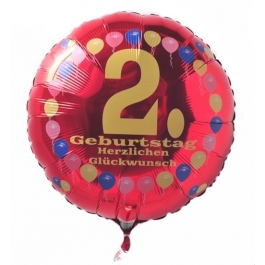 Luftballon aus Folie zum 2. Geburtstag, Herzlichen Glückwunsch Ballons 2, rot, ohne Ballongas