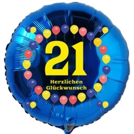 Luftballon aus Folie zum 21. Geburtstag, Herzlichen Glückwunsch Ballons 21, blau, ohne Ballongas