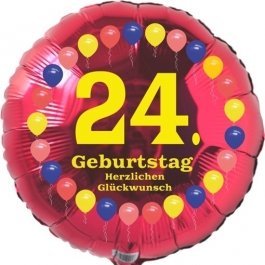 Luftballon aus Folie zum 24. Geburtstag, Herzlichen Glückwunsch Ballons 24, rot, ohne Ballongas