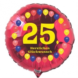 Luftballon aus Folie zum 25. Geburtstag, Herzlichen Glückwunsch Ballons 25, rot, ohne Ballongas