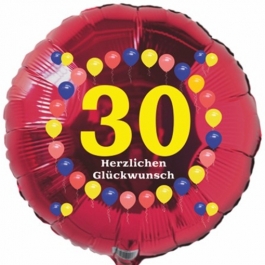 Luftballon aus Folie zum 30. Geburtstag, Herzlichen Glückwunsch Ballons 30, rot, ohne Ballongas
