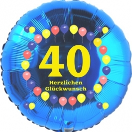 Luftballon aus Folie zum 40. Geburtstag, Herzlichen Glückwunsch Ballons 40, blau, ohne Ballongas