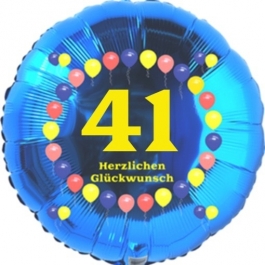 Luftballon aus Folie zum 41. Geburtstag, Herzlichen Glückwunsch Ballons 41, blau, ohne Ballongas