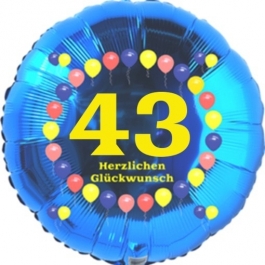 Luftballon aus Folie zum 43. Geburtstag, Herzlichen Glückwunsch Ballons 43, blau, ohne Ballongas