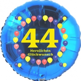 Luftballon aus Folie zum 44. Geburtstag, Herzlichen Glückwunsch Ballons 44, blau, ohne Ballongas