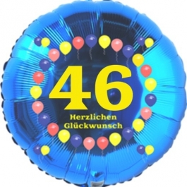 Luftballon aus Folie zum 46. Geburtstag, Herzlichen Glückwunsch Ballons 46, blau, ohne Ballongas