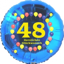 Luftballon aus Folie zum 48. Geburtstag, Herzlichen Glückwunsch Ballons 48, blau, ohne Ballongas