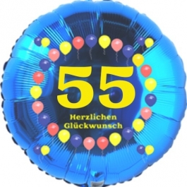 Luftballon aus Folie zum 55. Geburtstag, Herzlichen Glückwunsch Ballons 55, blau, ohne Ballongas