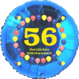 Luftballon aus Folie zum 56. Geburtstag, Herzlichen Glückwunsch Ballons 56, blau, ohne Ballongas