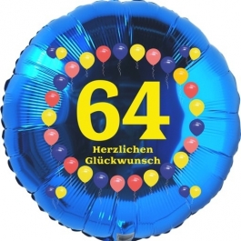 Luftballon aus Folie zum 64. Geburtstag, Herzlichen Glückwunsch Ballons 64, blau, ohne Ballongas