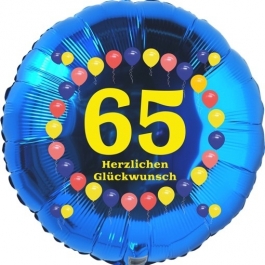 Luftballon aus Folie zum 65. Geburtstag, Herzlichen Glückwunsch Ballons 65, blau, ohne Ballongas