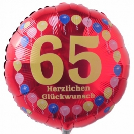 Luftballon aus Folie zum 65. Geburtstag, Herzlichen Glückwunsch Ballons 65, rot, ohne Ballongas
