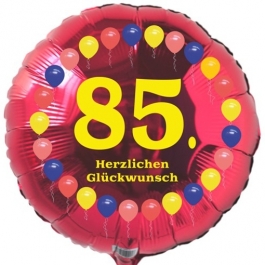 Luftballon aus Folie zum 85. Geburtstag, Herzlichen Glückwunsch Ballons 85, rot, ohne Ballongas