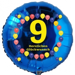 Luftballon aus Folie zum 9. Geburtstag, blauer Rundballon, Balloons, Herzlichen Glückwunsch, inklusive Ballongas