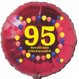 Luftballon aus Folie zum 95. Geburtstag, Herzlichen Glückwunsch Ballons 95, rot, ohne Ballongas