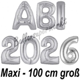 Abi 2026, große Buchstaben-Luftballons, 100 cm, Silber, inklusive Helium, zur Abiturfeier