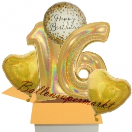 5 holografische Luftballons zum 16. Geburtstag, Gold Sparkle Birthday 16