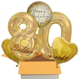 5 holografische Luftballons zum 80. Geburtstag, Gold Sparkle Birthday 80