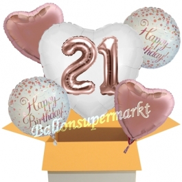 5 Luftballons zum 21. Geburtstag, Herz Jumbo 3D Sparkling Fizz  Birthday Roségold 21