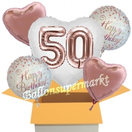 5 Luftballons zum 50. Geburtstag, Herz Jumbo 3D Sparkling Fizz  Birthday Roségold 50