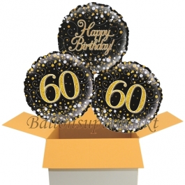 3 Luftballons aus Folie zum 60. Geburtstag, Sparkling Fizz Birthday Gold 60