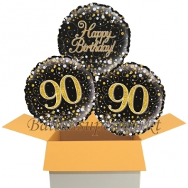3 Luftballons aus Folie zum 90. Geburtstag, Sparkling Fizz Birthday Gold 90