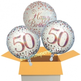 3 Luftballons aus Folie zum 50. Geburtstag, Sparkling Fizz Birthday Roségold 50
