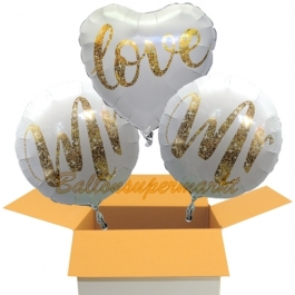 3 Hochzeitsballons, Mr & Mr in Love Gold-Glitter, inklusive Ballongas Helium