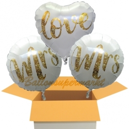 3 Hochzeitsballons, Mrs & Mrs in Love Gold-Glitter, inklusive Ballongas Helium